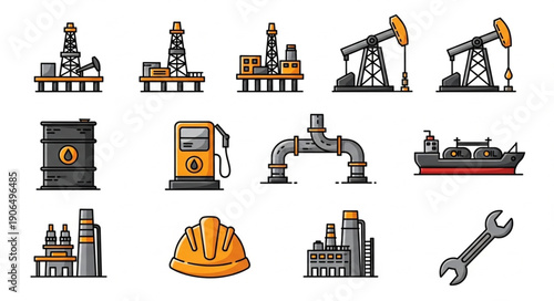 Collection of oil and gas industry icons and symbols.