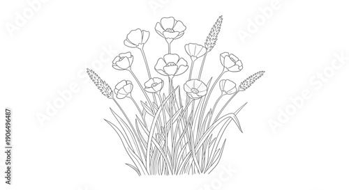 A black and white illustration of a bouquet of flowers.