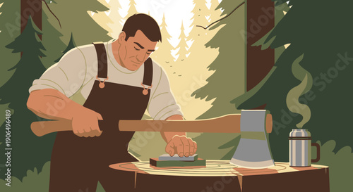 A diligent woodsman, dressed in sturdy overalls, carefully sharpens his axe on a whetstone, preparing for his work amidst the tranquil, sunlit forest.