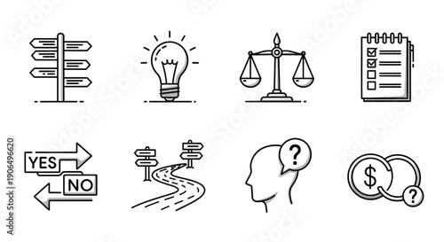 A collection of icons representing decision making and critical thinking processes.