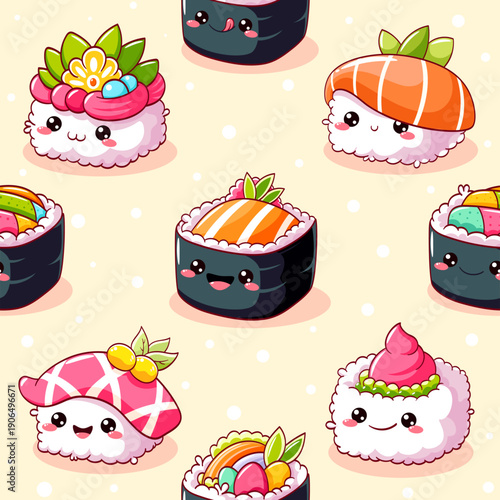 Seamless pattern with cute sushi and roll in kawaii style. Endless texture can be used for textile pattern fills, t-shirt design, wrapping paper, web page background. Vector illustration EPS8