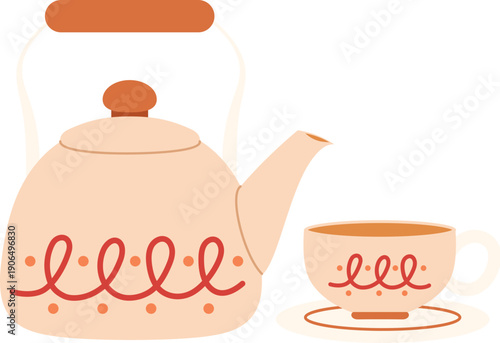 Brown cozy teapot and cup, Hand draw traditional kettle and tea mug illustration