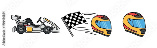 Go kart racing elements with a speeding helmet and a checkered flag representing speed competition and victory for sports event marketing materials