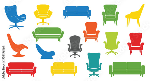 Colorful assortment of modern furniture including sofas and chairs