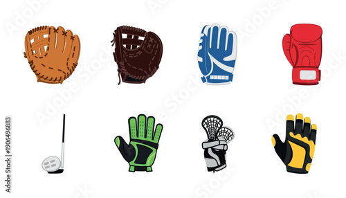 A diverse collection of sports equipment including baseball gloves, boxing mitts, golf club, and lacrosse gear, perfect for athletic apparel websites and active lifestyle promotions.