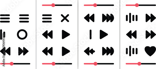 Minimalistic user interface kit for audio player application featuring various button styles with sleek playback icons