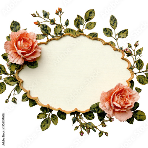 A beautiful floral frame with pink roses and green leaves on a black background