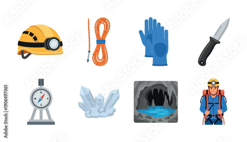 Essential caving and speleology equipment including helmet, rope, gloves, knife, compass, crystals, a cave with water, and an explorer for outdoor adventure resources.
