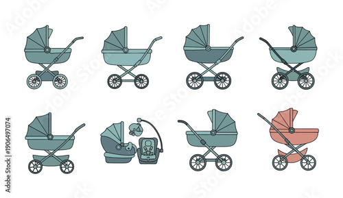 Collection of baby carriages strollers prams and infant car seats for newborn care and safe transportation ideal for parenting blogs and baby product advertisements