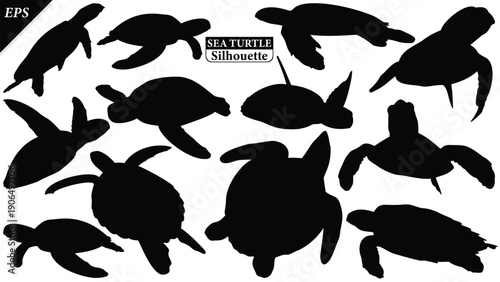 Set of Sea turtles silhouette isolated on white background with logo text space, clean black shape symbolizing marine life, conservation, ocean nature. Ideal for logos, branding, icons, design use