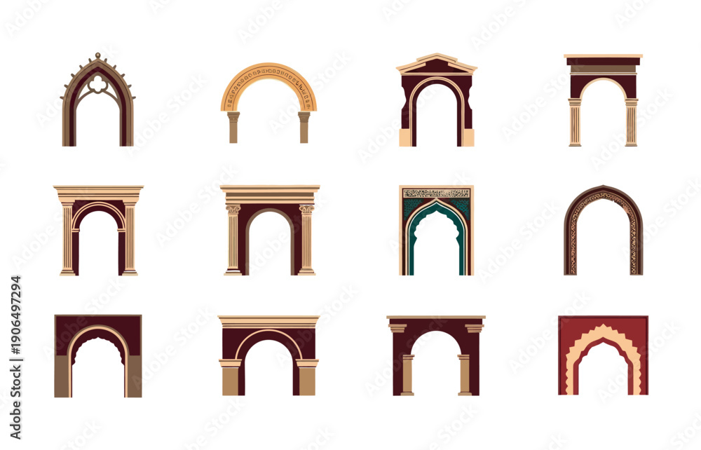 Fototapeta premium A diverse collection of architectural arches and ornate doorways showcasing various historical styles providing versatile graphic elements for construction, history, education, or visual