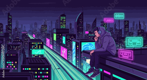 Contemplative Figure in Cyberpunk Cityscape A Moment of Reflection.