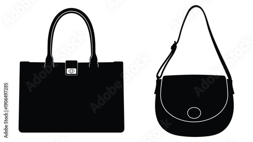 Two black handbags displayed front and side views in silhouette