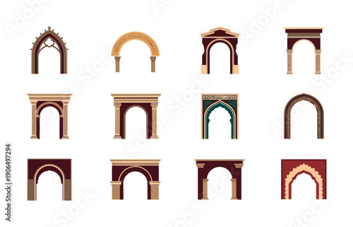 A diverse collection of architectural arches and ornate doorways showcasing various historical styles providing versatile graphic elements for construction, history, education, or visual