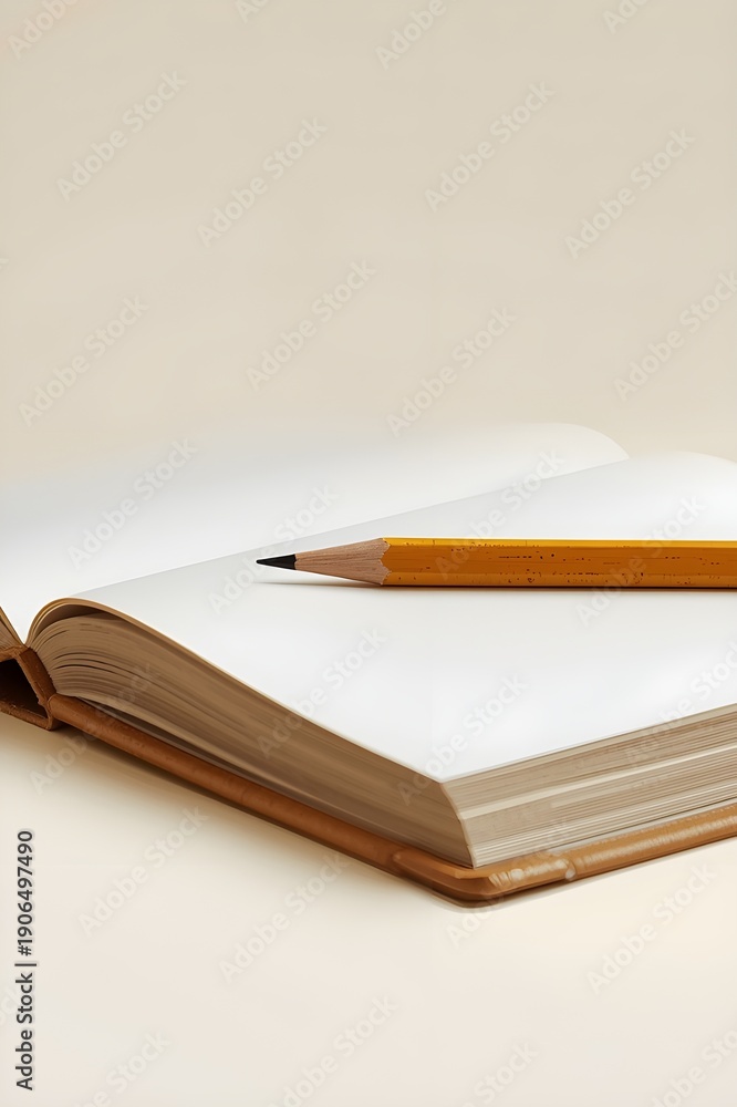 Naklejka premium A Minimal and Clean Composition Featuring a Notebook Paired with a Wooden Pencil Symbolizing Writing, Planning, Thoughtful Creativity, Learning, and Focused IdeaA Minimal and Clean Composition Featuri