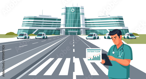 Healthcare Professional Analyzing Data Outside Modern Hospital Building.