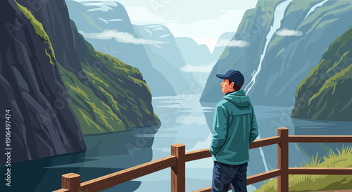 Man Contemplating Scenic Mountain View from Wooden Overlook.