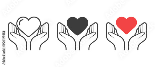 Hands holding heart icon set isolated on white background, symbolizing love, care, support, and compassion in clean vector illustration for charity, healthcare, and social design.