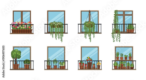 Collection of diverse urban balcony garden windows featuring vibrant flowering plants, fresh herbs, delicious fruits, and various succulents, suitable for promoting a green lifestyle.
