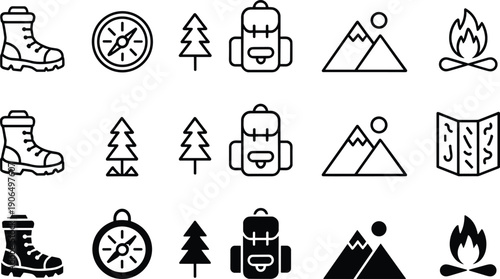 Collection of camping and hiking icons with boots compass trees backpack mountains campfire and map