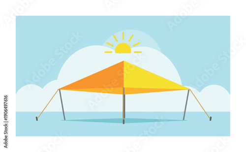 Large yellow and orange outdoor canopy providing shade for summer events or beach gatherings under a sunny sky with clouds, perfect for travel or vacation promotional materials.