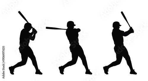 Three baseball players in silhouette swinging bats