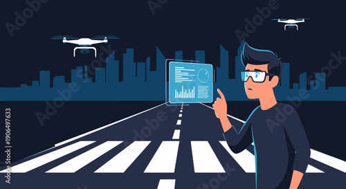 Man using augmented reality glasses to control drones on a runway.