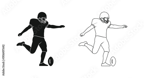 American football players kicking a ball shown in silhouette and outline