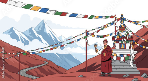Monk in Traditional Robes Near a Tibetan Stupa.
