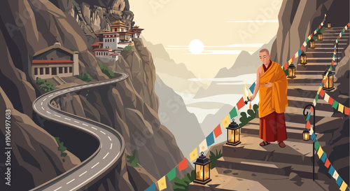 Monk on Mountain Steps Serene Spiritual Journey Illustration.