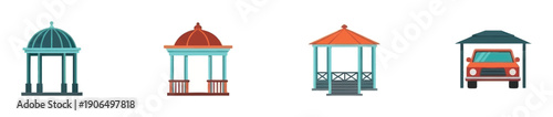 A collection of charming garden gazebos and a car shelter with a classic vehicle, perfect for architectural studies, outdoor living concepts, or decorative graphic projects
