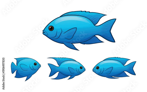 Vibrant blue tropical fish swimming and posing in various perspectives, ideal for aquatic themed graphics, educational materials, or marine biology publications