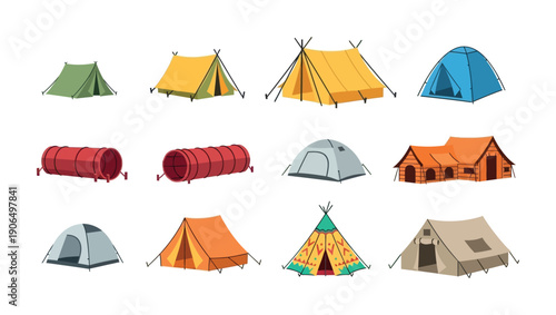 Collection of various camping tents and pet play tunnels perfect for outdoor recreation themed projects or adventure travel promotions