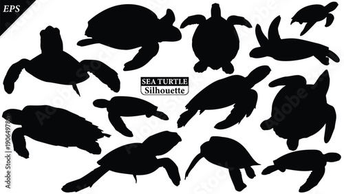 Set of Sea turtles silhouette isolated on white background with logo text space, clean black shape symbolizing marine life, conservation, ocean nature. Ideal for logos, branding, icons, design use