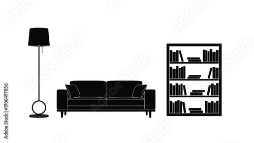 Minimalist living room furniture arrangement in a dark silhouette