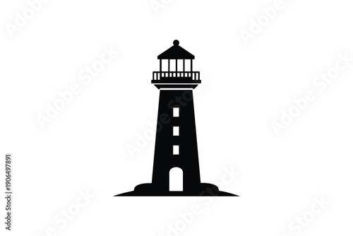 Black silhouette of a lighthouse standing tall on rocky ground, guiding light source