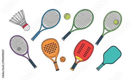 A comprehensive collection of racket sports equipment including tennis rackets, pickleball paddles, and shuttlecocks, perfect for athletic club advertisements or leisure activity promotions