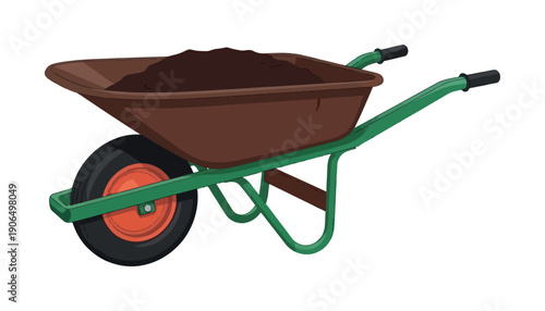 A sturdy green and brown wheelbarrow filled with rich dark soil is ready for gardening and construction projects, ideal for agricultural guides, home improvement advertisements, or