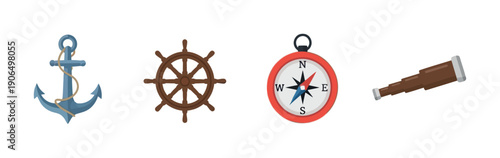 Essential set of navigation and pirate adventure symbols featuring a ship anchor, captains steering wheel, classic direction compass, and vintage spyglass for maritime journey themes and