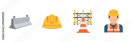 Construction site safety equipment set including a concrete barrier, hard hat, traffic cone, scaffolding, and a worker in a high visibility vest, useful for safety training and project