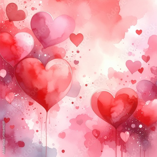 Heart's Bloom: An elegant watercolor painting features red and pink hearts, symbolizing love and romance.