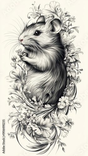 Wallpaper Mural Art Nouveau style hamster, with elegant floral patterns swirling around, detailed and decorative. Torontodigital.ca