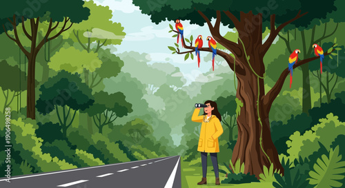 Woman Birdwatching Parrots in Jungle with Binoculars.