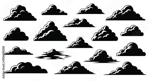 Black and white illustration of various fluffy cloud shapes arranged randomly