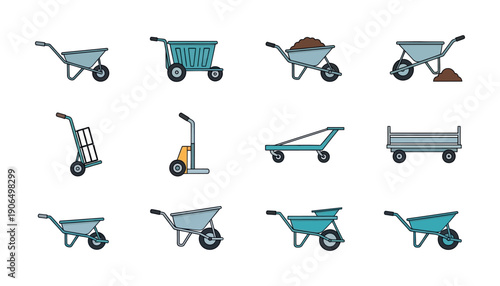 A versatile collection of various hand carts, wheelbarrows, and dollies for heavy lifting and transportation tasks, useful for construction, gardening, and logistics projects.