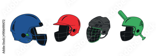 Diverse array of sports protective helmets featuring an American football helmet, baseball batting helmets, and an ice hockey helmet ideal for athletic safety awareness and equipment