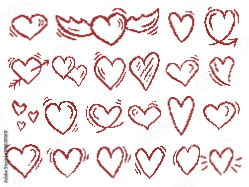 Large set of red pixelated hearts. Symbol of love, passion and sympathy. Hearts of various shapes and sizes, clip art collection. Vector graphics