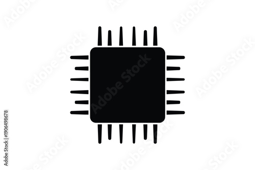 Electronic microchip processor icon with circuit pins representing computer hardware and digital technology