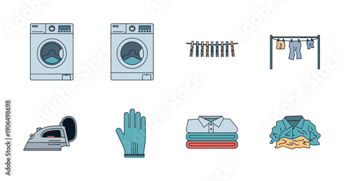 Modern laundry and washing process icons depicting appliances, drying, ironing, and folded or wrinkled clothes, ideal for household chore guides or cleaning service promotions.