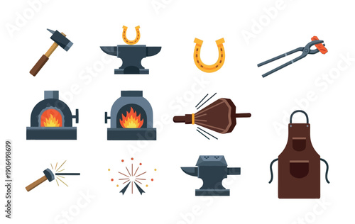 Essential blacksmithing tools and equipment, featuring anvils, hammers, tongs, roaring furnaces, bellows, and protective apron, perfect for representing traditional metalworking and